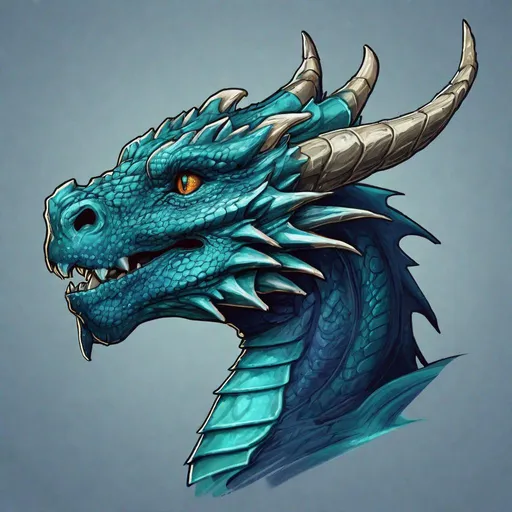 Prompt: Concept design of a dragon. Dragon head portrait. Side view. The dragon is a predominantly navy blue color with cyan streaks and details present.