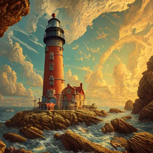 Prompt: light house , vintage, hyperdetailed, 8k resolution concept art, complementary colors, deep color, hyperrealism, photorealism, golden hour, complex, detailed, expansive, photorealistic, retro, Julian Pott style