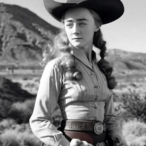 Prompt: Saoirse Ronan as an 1950s era Hollywood actor dressed a cowgirl for a Western.