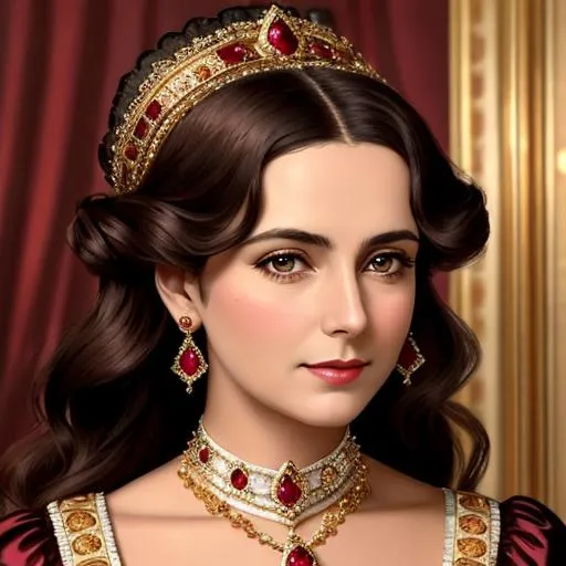 Prompt: Wealthy, stylish lady of the Victorian era, wearing ruby and gold jewelry, wearing ,facial closeup