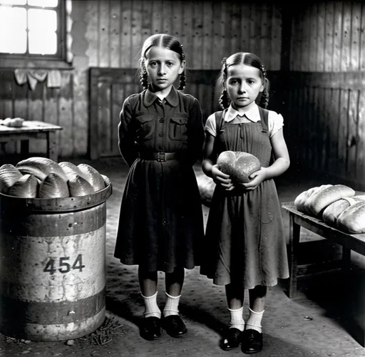 Prompt: Girl, 8yo, in a nazi concentration camp, 1940, wearing filthy torn sack dress, holding a loaf of dry bread