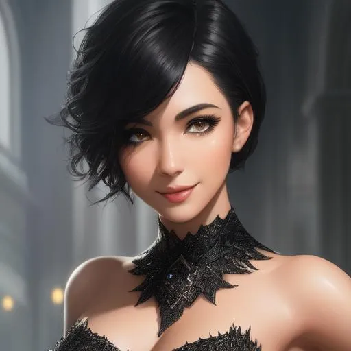 Prompt: splash art, by Greg rutkowski, hyper detailed perfect face,

beautiful black short haired girl  stretching, full body, long legs, perfect body,

high-resolution beauty face, perfect proportions, smiling, intricate hyperdetailed hair, light makeup, sparkling, highly detailed, intricate hyperdetailed doe shining eyes,  

Elegant, ethereal, graceful,

HDR, UHD, high res, 64k, cinematic lighting, special effects, hd octane render, professional photograph, studio lighting, trending on artstation