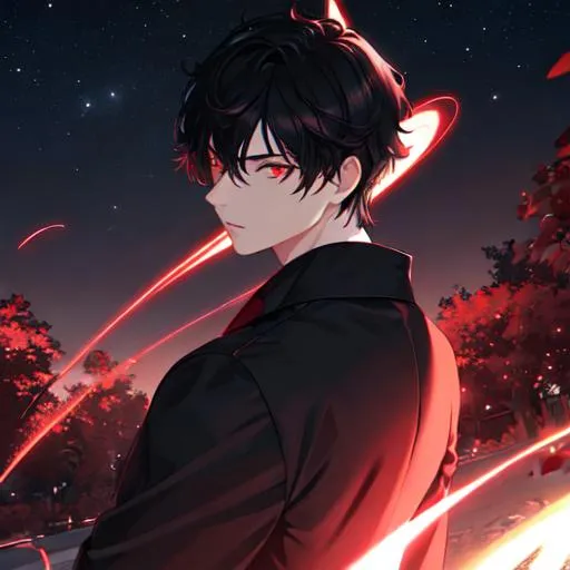 Prompt: Damien (male, short black hair, red eyes) in the park at night, casual outfit, dark out, nighttime, midnight, 8k resolution, awe inspiring, epic, ultra detailed, high resolution, include original colors, dramatic, volumetric,  extreme detail in the sky,