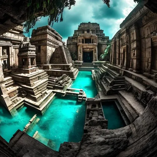 Prompt: Zero Down wide-angle shot, an Indiana Jones Scene. ((enigmatic ambiance)), ((fascinating)), ((timeless beauty)) Mayan-themed hidden temple mystery, ancient Mayan ruins, the weathered stone structures, weird sculptures and eroded walls of a forgotten civilization, whimsical (waterways) wind through the scene, cascading waterfalls, turquoise lagoons and rain crystalline droplets and splashes, with mesmerizing reflections