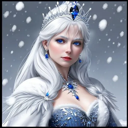 Prompt: Snow queen, wearing sapphire jewelry 