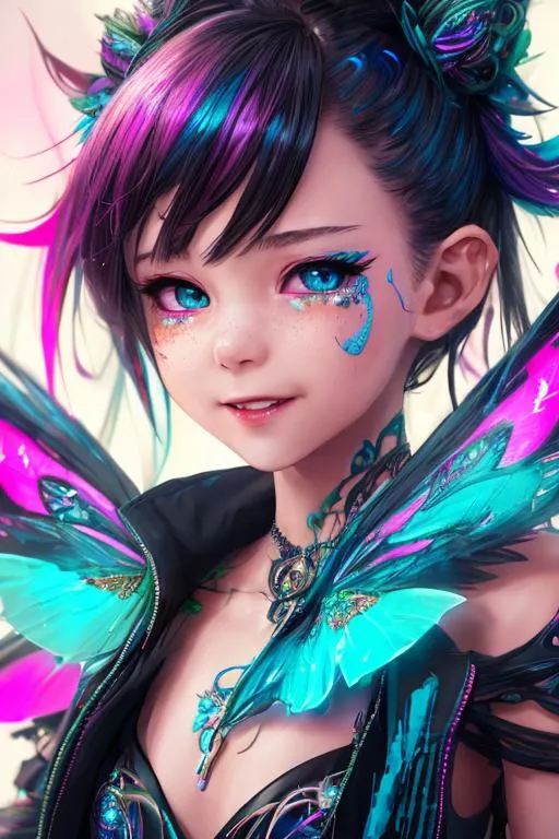 Prompt: close up shot, portrait, cinematic shot, Carne Griffiths,

fairy Loli, small stature, tiny, happy, energetic, elegant, flying in the cyberpunk city, wearing fantasy forest fairy garb, detailed accessories, fairy wings, short black messy hair, ultra detailed garb, detailed face, detailed blue eyes, detailed mouth and lip, ultra detailed intricate cyberpunk city background, 

((2D illustration, 2D vector art, 2D digital painting, 2D flat color, 2D art, contrast, detailed pencil stroke, detailed brush stroke, perfect anatomy)),

(((neon light reflection, detailed light reflection, city light reflection, ultra detailed reflection, head light reflection))),

cinematic lighting, studio lighting, dynamic lighting, neon light, volumetric lighting,

masterpiece, professional work, 