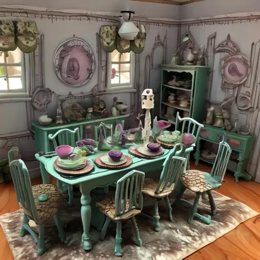 Prompt: Dollhouse dining room in the style of Tim Burton 