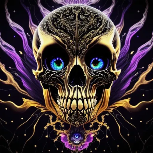 Prompt: long shot, dark, Epic, Beautiful, Plasma {Liquid}Skull gold silver black, big dreamy eyes, beautiful intricately-colored, symmetrical, Beautiful and Gorgeous, hyper realistic, expansive psychedelic background, hyper realistic, 64K --s99500