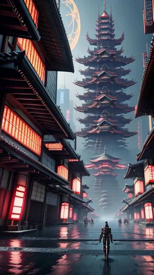 Prompt: ultra detailed cyberpunk japanese and hindu city, digital painting, ultra fine details, intricate scene, correct, surreal, sci-fi, utopian, concept art, UHD, epic perspective, 12k
