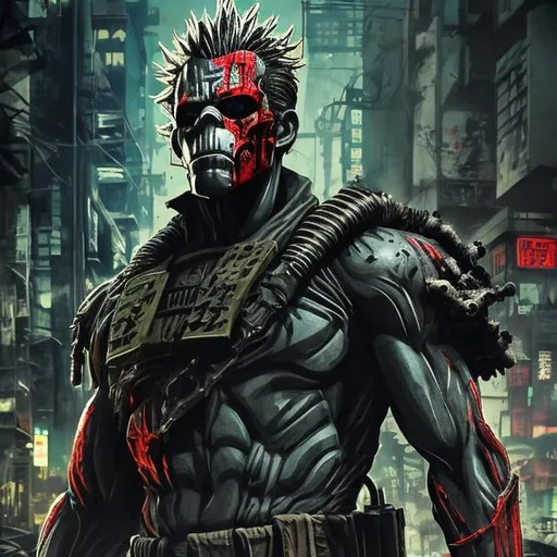 Prompt: Gritty Todd McFarlane style All Might, all black camo. Full body. Imperfect, Gritty, futuristic army-trained villain. full face mask. Bloody. Hurt. Damaged. Accurate. realistic. evil eyes. Slow exposure. Detailed. Dirty. Dark and gritty. Post-apocalyptic Neo Tokyo .Futuristic. Shadows. Sinister. Armed. Fanatic. Intense. 