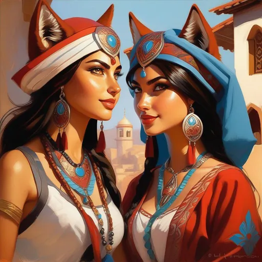 Prompt: Turkish wolfgirls, cartoony style, extremely detailed painting by Greg Rutkowski and by Henry Justice Ford and by Steve Henderson 