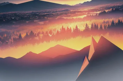 Prompt: Multiple layers of silhouette mountain, with silhouette of trees, sharp edges, at sunset, with heavy fog in air, vector style, horizon silhouette Landscape wallpaper by Alena Aenami, firewatch game style, vector style background