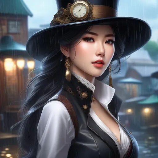 Prompt: a asian woman in a hat and top hat standing in the rain, steampunk beautiful anime woman, imaginefx : : hyperrealism, on wild west, high detail comic book art, by Dong Qichang, medibang, liang xing, carrying guns, cgsociety on amino, nico robin, ranger