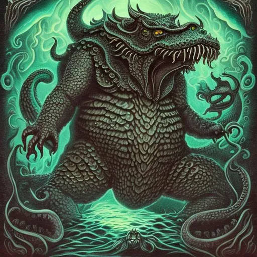 Prompt: Tsathoggua, lovecraft script, order of dragon Cthulhu Mythos, squid, blob,