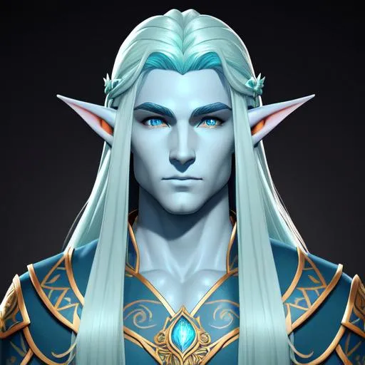 Prompt: Generate an image of a young adult male sea elf with blue skin, hair, and eyes, wearing intricate elven robes. Realistic face. The image should be in a realistic style and have a wise and contemplative mood. The robes should be long-sleeved and high-collared, with intricate designs, reminiscent of elven patterns. The color palette of the image should be predominantly blue with hints of silver and white.