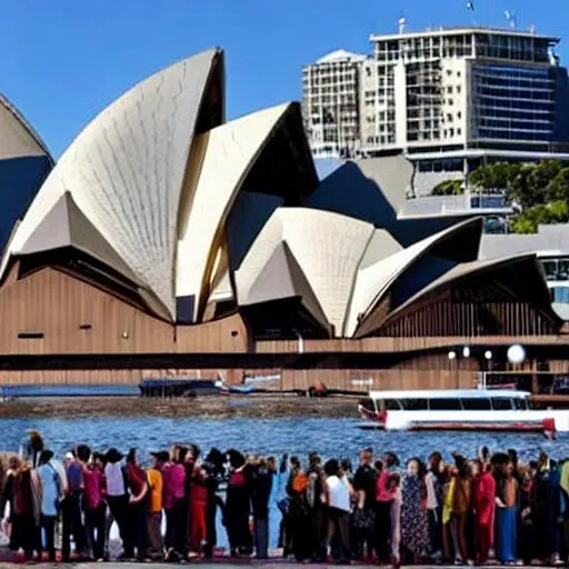 Prompt: Movie advert 

Diverse group of 20 people standing around with the Sydney Opera house in the backround