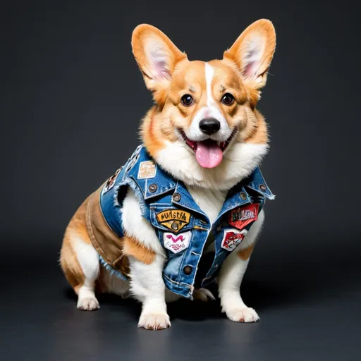 Prompt: Pembroke Welsh Corgi wearing a heavy metal music denim vest with patches