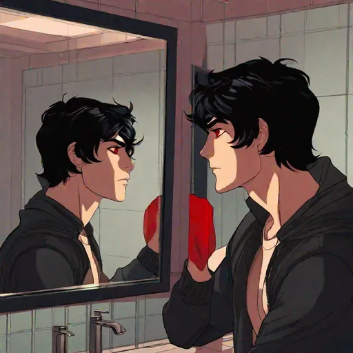 Prompt: Damien (male, short black hair, red eyes) placing his hand on the mirror staring at his reflection 