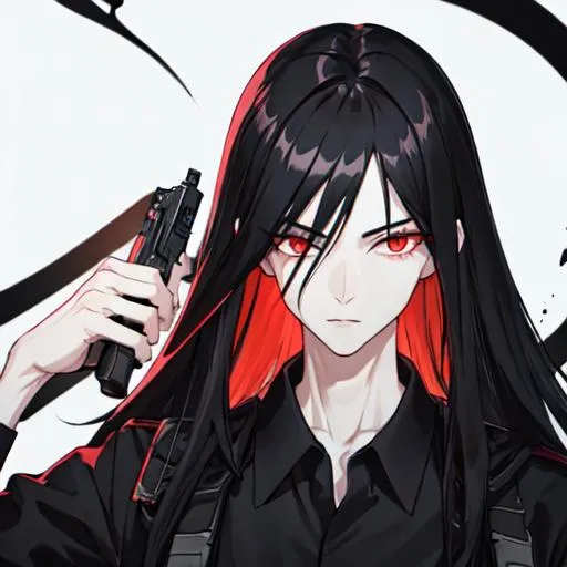 Prompt: 1male (pale) (long black hair) (red eyes) holding a gun, nuclear fallout