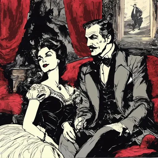 Prompt: (Vincent Price with a pencil thin mustache conversing with Bella Lugosi), Black and White pen and ink sketch style, dark color scheme, elegantly gothic attire, intricate details, dim lighting, dramatic shadows, opulent background, luxurious textures, ornate furniture, deep reds and blacks, baroque patterns, solemn atmosphere, rich color tones, dark romanticism, ultra-detailed, 4K, photorealistic masterpiece, timeless elegance.