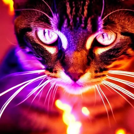 Prompt: Neon, cat, purple, blue eyes, fire, flames, hearts