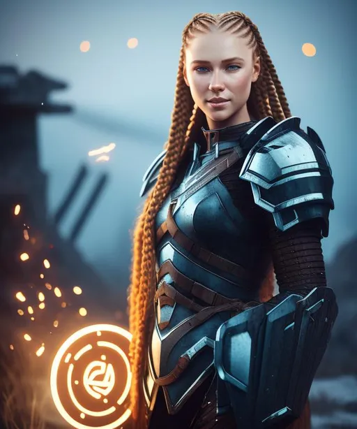 Prompt: Digital art, woman viking, red hair, cornrow braids, blue eyes, black gear, black armor, unreal engine 8k octane, 3d lighting, full body, full armor