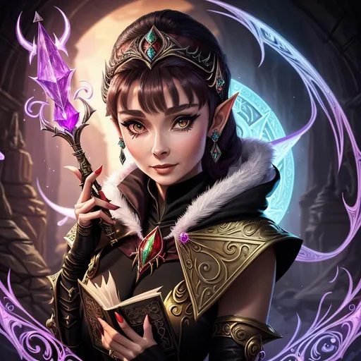 Prompt: fantasy art style book cover image of Audrey Hepburn as a Blood Elf Mage, her ears have several earring, holding a living spellbook, the spellbook looks beastial, The image has the feel and design style of a library from World of Warcraft. She is wearing elaborate fantasy adventurer sorcerer clothing, detailed symmetrical face, 