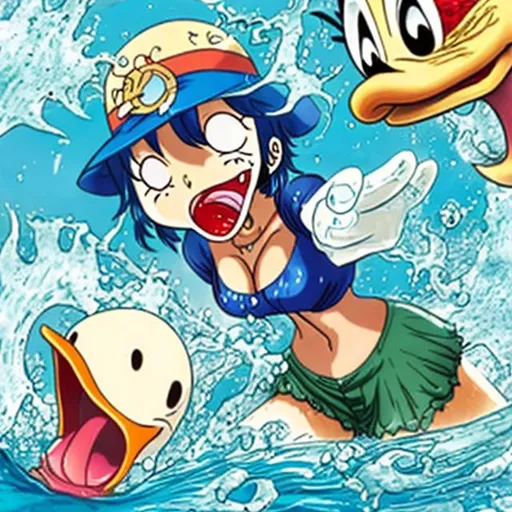 Prompt: nami from one piece holding donald duck's blood dripping tail after brutally chopping it off with a knife