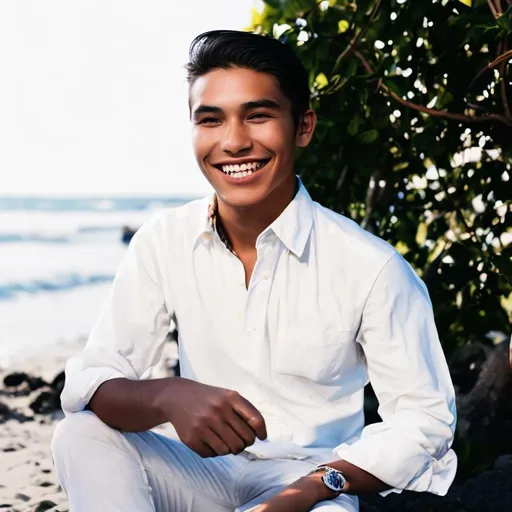 Prompt: Charming young native 
man, smiling, sitting on the beach enjoying the sunlight