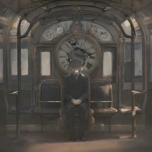 Prompt: Limbus_company, clock_head, bus, sit, dark,head_is_clock,clock_man