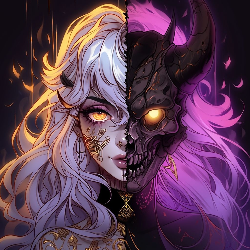 Prompt: an example of an evil, scary girl, in the style of dark silver and light purple, colorful fantasy realism, dark yellow and dark white, devilcore, tachisme, cyberaetherpunk, mythological subjects