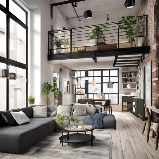 Prompt: Interior design of a living room, loft style, two storey apartment— ar 16:9