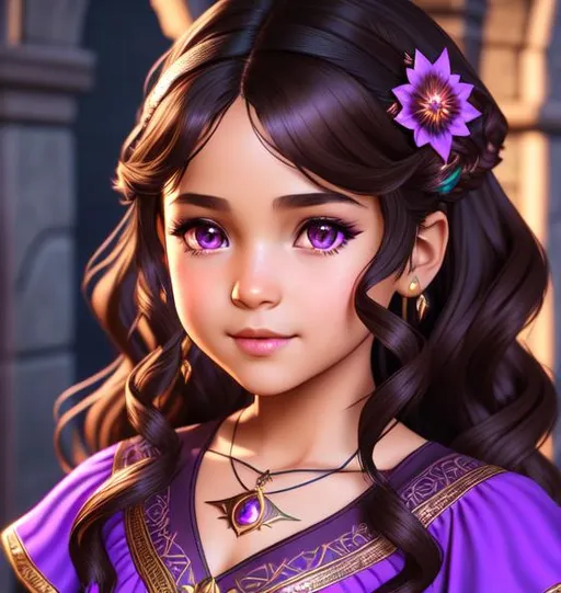 Prompt: Artgerm, 3d render, adorable child with long curly dark brown hair and purple eyes | brown skin | latin skin girl | wearing lilac dress | dragon age, the witcher, d & d, atmospheric,,elder scrolls,, Intricate, Elegant, airbrush art, Scenic, Hyper-Realistic, CryEngine, Octane Render, 8k, symmetrical face, accurate anatomy