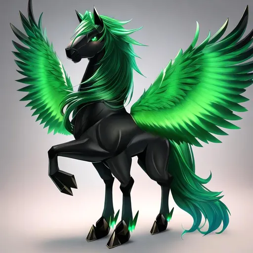 Prompt:  small twisted pegasus animatronic hybrid, with focused emerald eyes. They identify as a Male. Emerald colored feathery wings and tail. dark Green ombre mane and tail. UHD, HD, 4K, green haze, green and black coat, anime