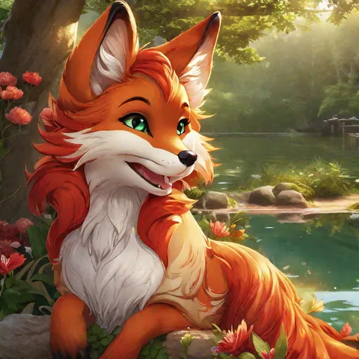 Prompt: Insanely beautiful female (fox) portrait, best quality, playful, cartoon art, bushy vivid red fur, lively, glistening creamy mane, (beautiful charming foxy smile:2), open mouth, highly detailed smile, (fluffy rosy cheeks:2), adorable, clownish, jolly, anime, in a magical lakeside, enchanting {emerald eyes}, sunrise, beneath the stars, crystal lake, corona, glowing outline, mid shot, medium close-up, global illumination, golden ambient light, cell shading, simple expressive shading, waterfall, bioluminescent, highres, best quality, concept art, epic digital art, intricately detailed, cinematic, anime, comically huge enchanted green eyes, 8k eyes, highly detailed eyes, cute fangs, highly detailed, 64k, full body focus, sharp focus, vibrant, UHD, professional, intricately detailed background, sparkling magical rain, falling petals, vibrant, bright colors, high quality colored pencil