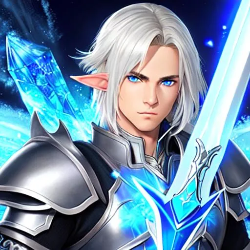 Prompt: A male elf with piercing blue eyes and chin-length blond hair wearing grey plate armor with blue energy flowing around it, leaning on a greatsword with a blue crystal set in the center, standing on a mountain