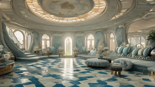 Prompt: a palace house interior inspired on a spaceship with marine walls with arch windows that look to a meadow at  cloudy sunrise and rounded white and marine blue checkerboard floors 