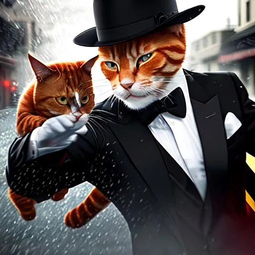 Prompt: Fight scene, movie still, A ginger cat in a tuxedo fights thugs, in the rain, lightning, martial arts, detailed face, black fedora, cool, spy genre, action shot,  4k, photo realistic, wide shot, hyper detailed, cool art style, realistic, stylish,