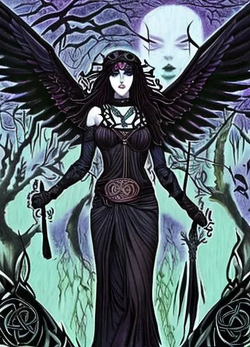 Prompt: celtic pagan goddess: The Morrigan. Crows. Dead Trees.  Trippy anime death goddess.