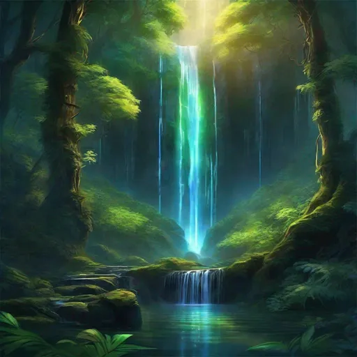 Prompt: Envision a glowing waterfall in a lush forest. Fantasy, another dimension