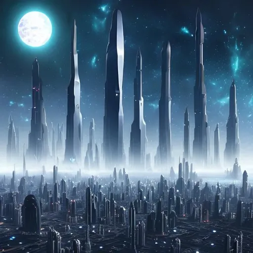 Prompt: Futuristic Tall black towers on deep dark ocean dark sky spaceships night lights hover ships dark tall city lots and lots of small floating ships hovering above clouds big planet with rings closeby spaceships hovering super tall mega skyscraper