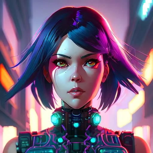 Prompt: Beautiful cyberpunk netrunner girl By Artgerm and WLOP and Ilya Kuvshinov and RHADS and Loish and Rossdraws. Beautiful detailed face. Perfect shading, soft studio lighting, ultra realistic, photorealistic, octane render, cinematic lighting, hdr, 4k, 8k, edge lighting
