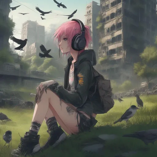 Prompt: Masterpiece, 64k, Highly Detailed, Punk Girl, Headphones, Anime, Dystopia, Cityscape, Ruins, Post-Apocalyptic, Forest, Grass, Birds