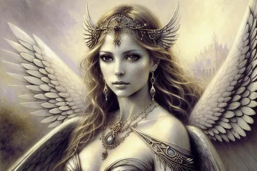 Prompt: beautiful portrait EOS the winged goddess of the dawn, beautiful female, décolletage, wonderful clothes and jewellery, Royo, stunning, detailed