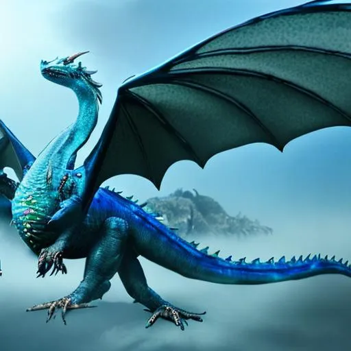 Prompt: flying water dragon, blue armor scales, mysterious fog lake background, hyper realistic, full body, chinese style, dragon head full of blue crystal scales and sharp horns
