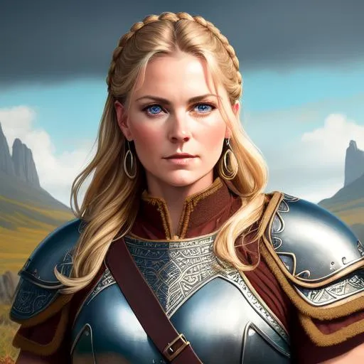 Prompt: Face Portrait of a epic character female forty-year-old dansk heroine,  large chest, intricate physique, brown viking hair, tanned capri-pants armour "authentic viking clothes"  "white tunic" oil painting style, Norse style, Caravaggio Style, high quality, masterpiece,  highres, beautiful, handsome, biceps, UHQ  oil on canvas, cyan and brown, neon, inksplatter, acrylic painting, dynamic pose, belts,
sandals, architecture background, dramatic lighting, divine proportions 