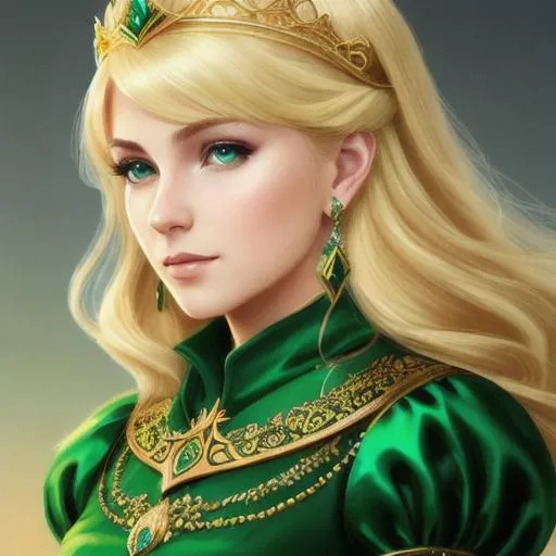 Prompt: beautiful girl, sleeved green silk dress bodice, blonde hair, green eyes, tiara, d & d, fantasy, intricate, elegant, highly detailed, digital painting, artstation, concept art, smooth, sharp focus, illustration