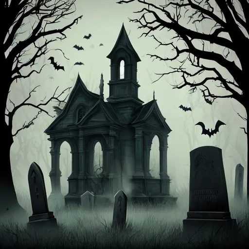 Prompt: Halloween, cemetery, ghosts, illustration, eerie, foggy, bats, tombstones, hills