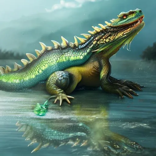 Prompt: cute water dragon with reptile eyes, hard armor scales, mysterious fog lake background, hyper realistic, full body, action figure, chinese dragon style