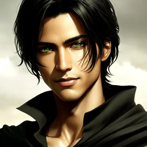 Prompt: A beautifully handsome male, very green eyes, dark hair, smiling, full lips, early 30s, light tan skin, thin long scar over one eye, black cloak, very light facial stubble, black shirt, relaxed stance, handsome face, prominent pink scar across left eye + Full HD render + immense detail + dramatic lighting, fine esoteric symbolism, ultra - detailed realism, soft cinematic lighting, hyper detailed, intricate detail, photorealistic
